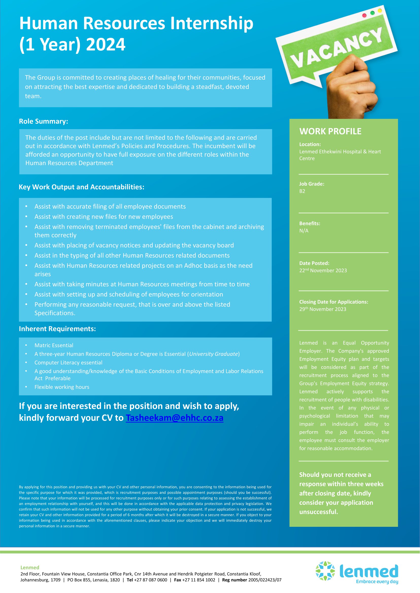 Lenmed Private Hospital Human Resources Internship (1 Year) 2024 for