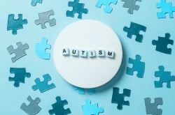 Autism words surrounded by puzzle pieces