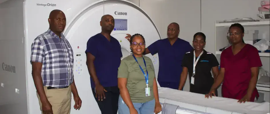 Lenmed Bokamoso Private Hospital staff standing alongside the new Aquilion Prime SP CT Scanner