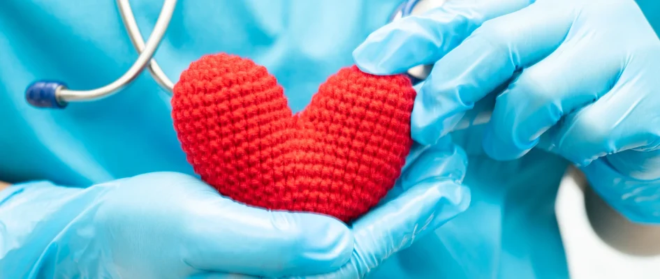 Doctor holding knitted red heart in hands