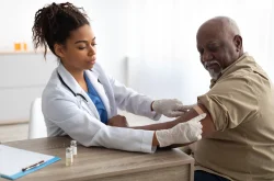 Elder man getting tests done by doctor