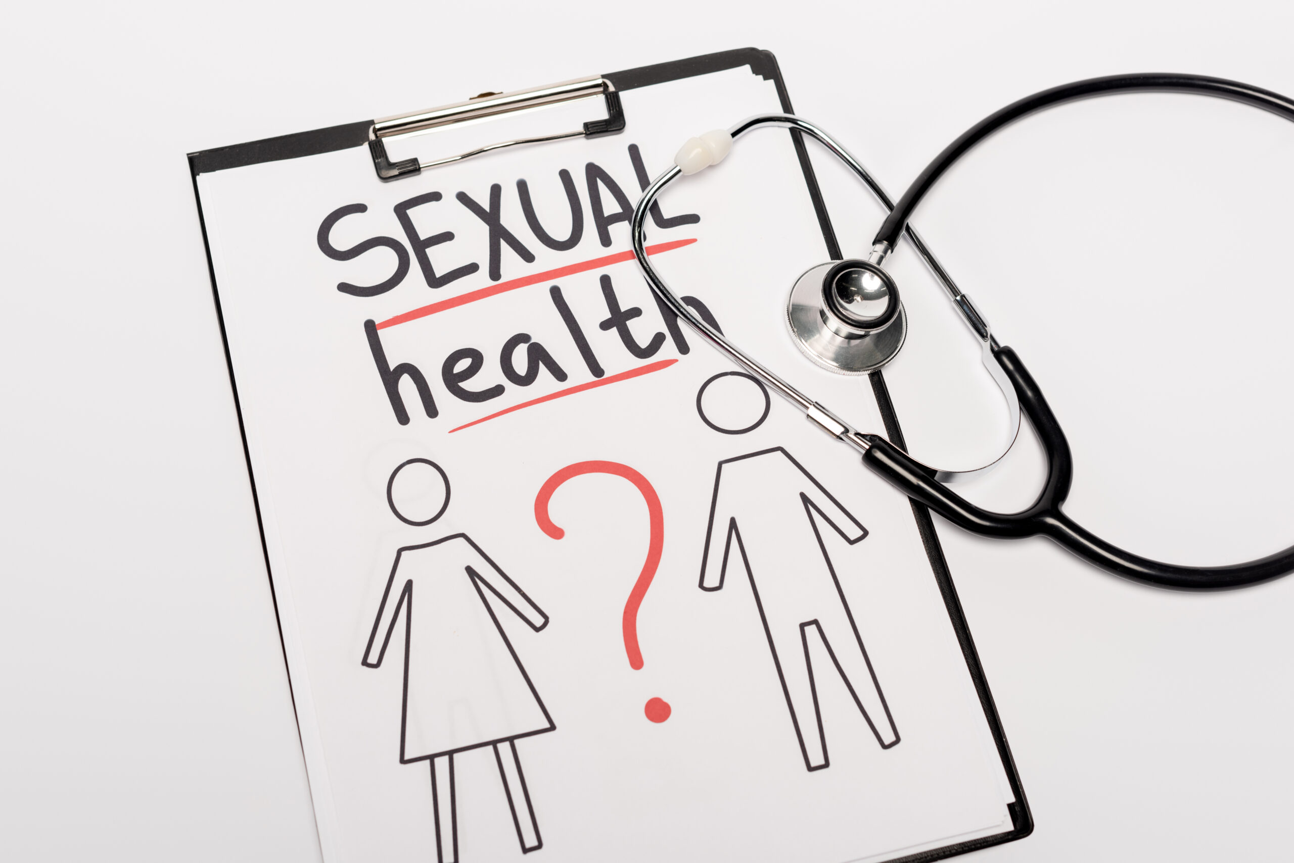 top view of clipboard with sexual health lettering, drawn man and woman near stethoscope isolated on