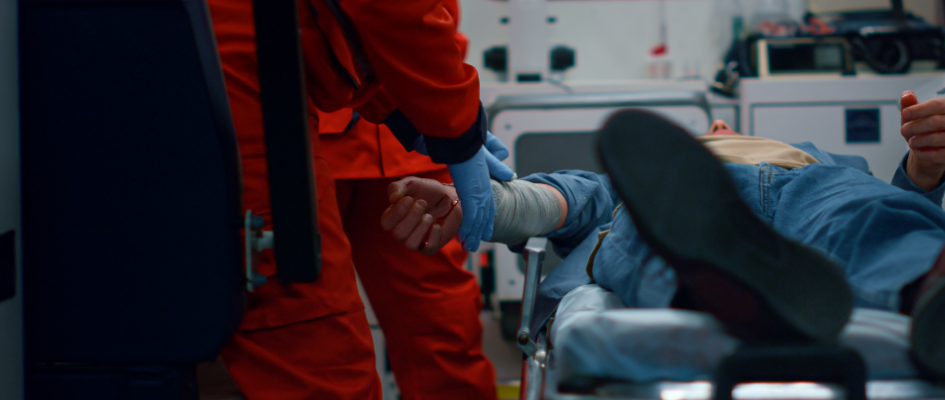 Paramedic wrapping a bandage around their patients forearm