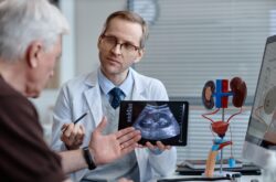 Caucasian Middle Aged Male Urologist Showing Ultrasound Scan to Senior Man Middle aged Caucasian male urologist explaining ultrasound results to senior Caucasian man using digital tablet, anatomical kidney model and computer monitor visible in medical office