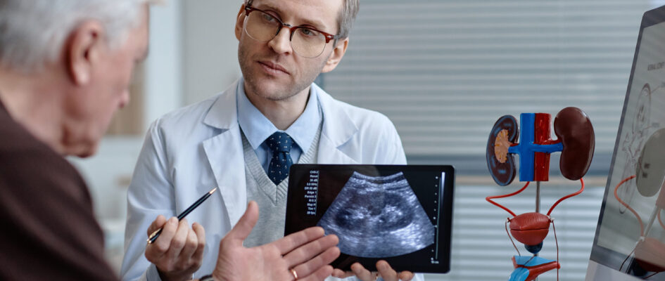 Middle aged Caucasian male urologist explaining ultrasound results to senior Caucasian man using digital tablet, anatomical kidney model and computer monitor visible in medical office