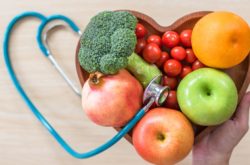 heart-shaped fruit and vegetable basket with heart-shaped sethescope