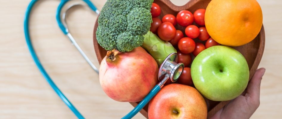 heart-shaped fruit and vegetable basket with heart-shaped sethescope