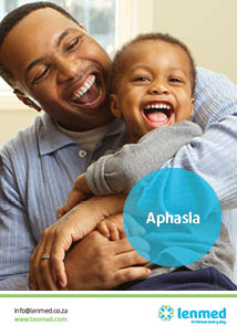 aphasia brochure cover with father and son laughing as a background