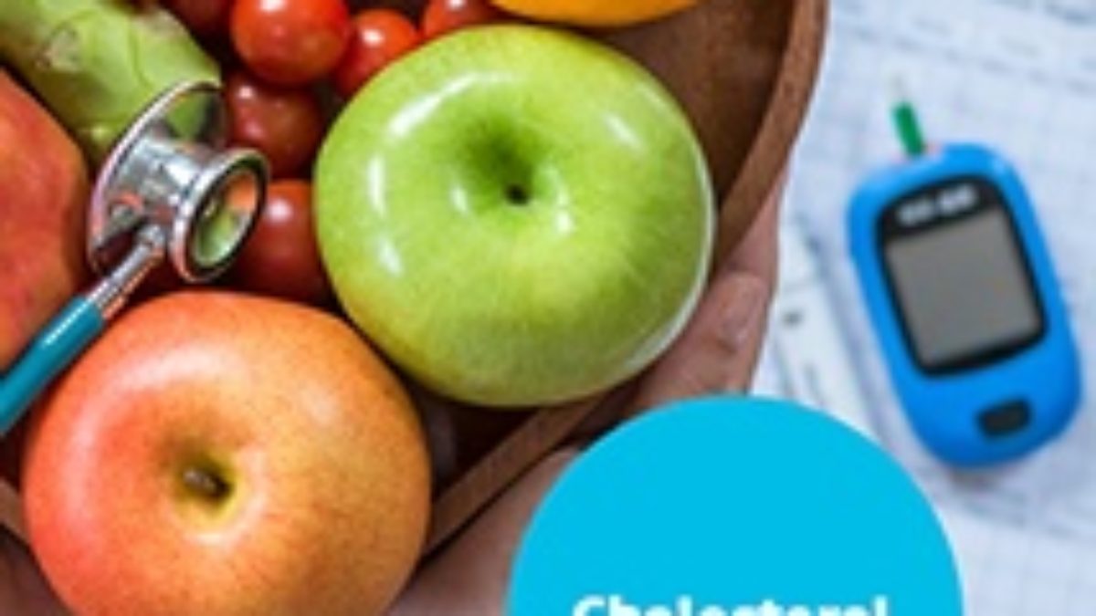 cholesterol brochure cover with fruits as a. background