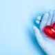 The hand wearing blue medical glove holding a red heart