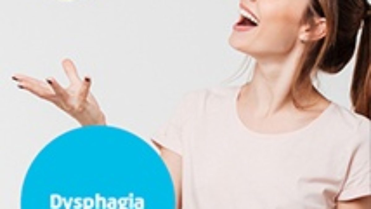 dysphagia brochure cover with woman throwing an apple as a background