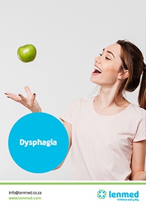 dysphagia brochure cover with woman throwing an apple as a background